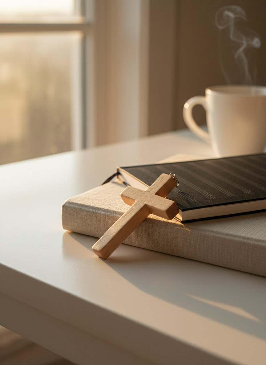 A close-up of a simple wooden cross pendant lying on top of a neatly stacked pair of items: a closed, linen-textured journal and a slim, matte-finish music notebook with faint staff lines. They rest on a clean white table near the edge of a softly lit window. Golden hour sunlight streams in from the side, casting long, gentle shadows and a warm glow over the scene. A ceramic mug with faint steam is softly blurred in the background. Photographic realism, captured from a slightly elevated angle, with a peaceful, reflective mood that suggests prayer, songwriting, and authentic Christian living.