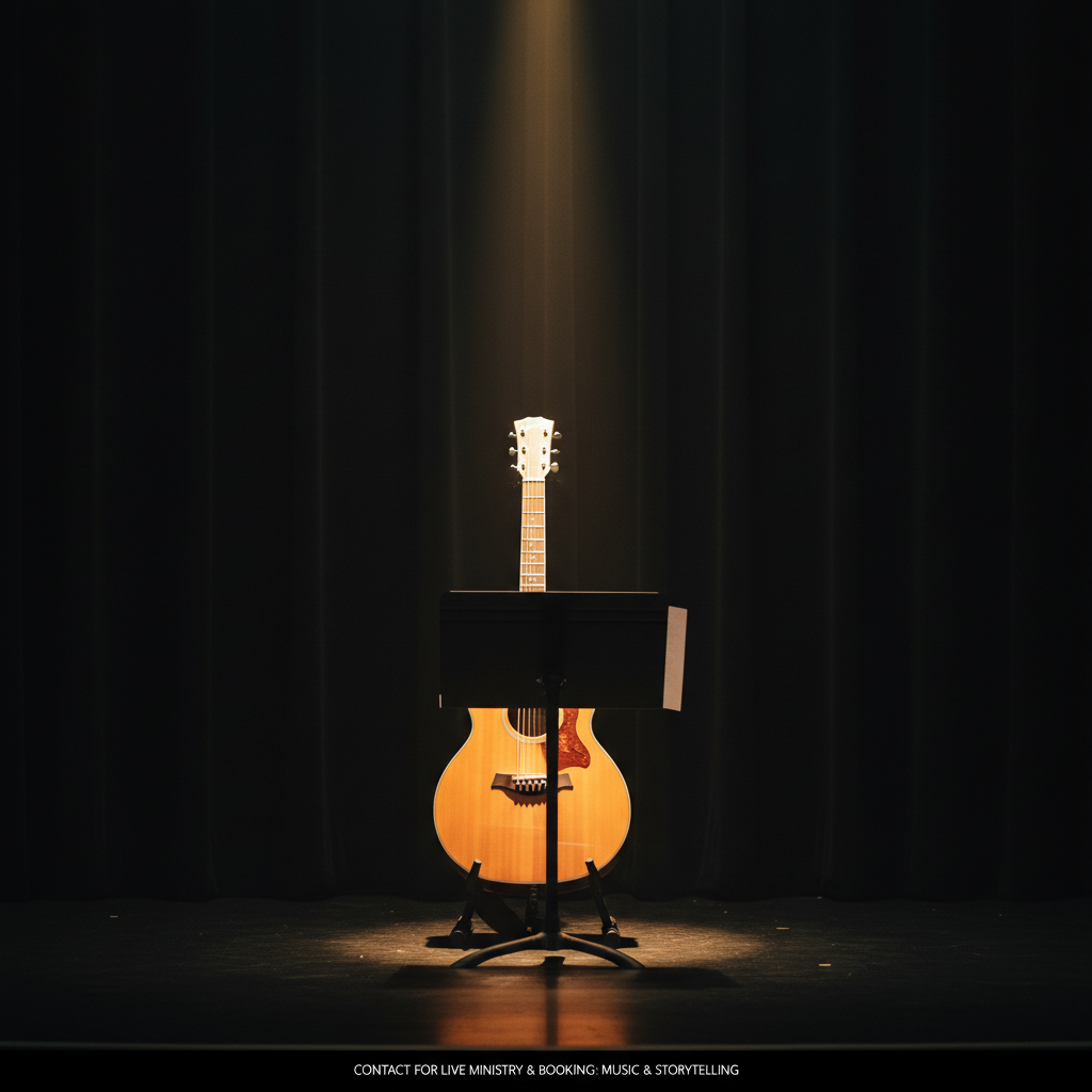 A dark, stage-like setting with a single spotlight illuminating the lower half of an acoustic guitar standing upright on a simple black stand, in front of a closed music stand holding a blank, white sheet. The guitar’s wood grain glows warmly under the focused light, while the rest of the scene fades into soft shadow. Faint reflections appear on the slightly glossy stage floor. Photographic realism, captured from a low angle, giving the guitar a gently heroic presence. The mood is anticipatory and hopeful, as if preparing for a worship concert or testimony-filled event, visually supporting contact and booking for live ministry through music and storytelling.