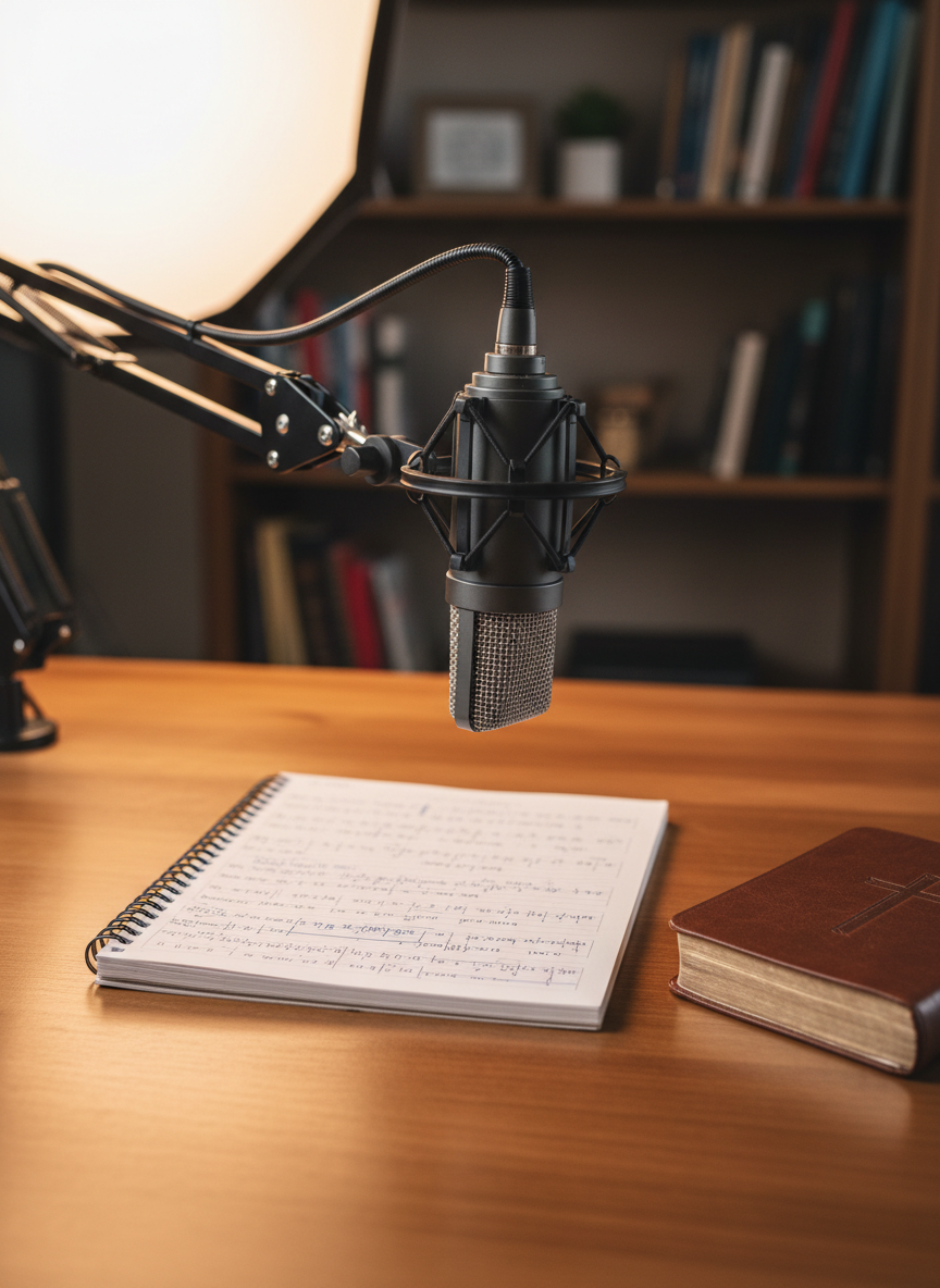 A professional home recording setup centered on a sleek, dark metal microphone with a fine mesh grille, mounted on a shock mount and boom arm, positioned in front of an open notebook filled with faint, handwritten lyrics. The notebook lies on a tidy wooden desk beside a closed Bible with a textured cover. Soft, diffused studio lighting from one side creates subtle highlights on the microphone and warm reflections in the desk surface. The background is tastefully blurred, hinting at shelves with indistinct books and decor. Photographic realism, eye-level composition with a shallow depth of field, creating an intimate, focused atmosphere of creativity, faith, and preparation for sharing hope-filled music and stories.