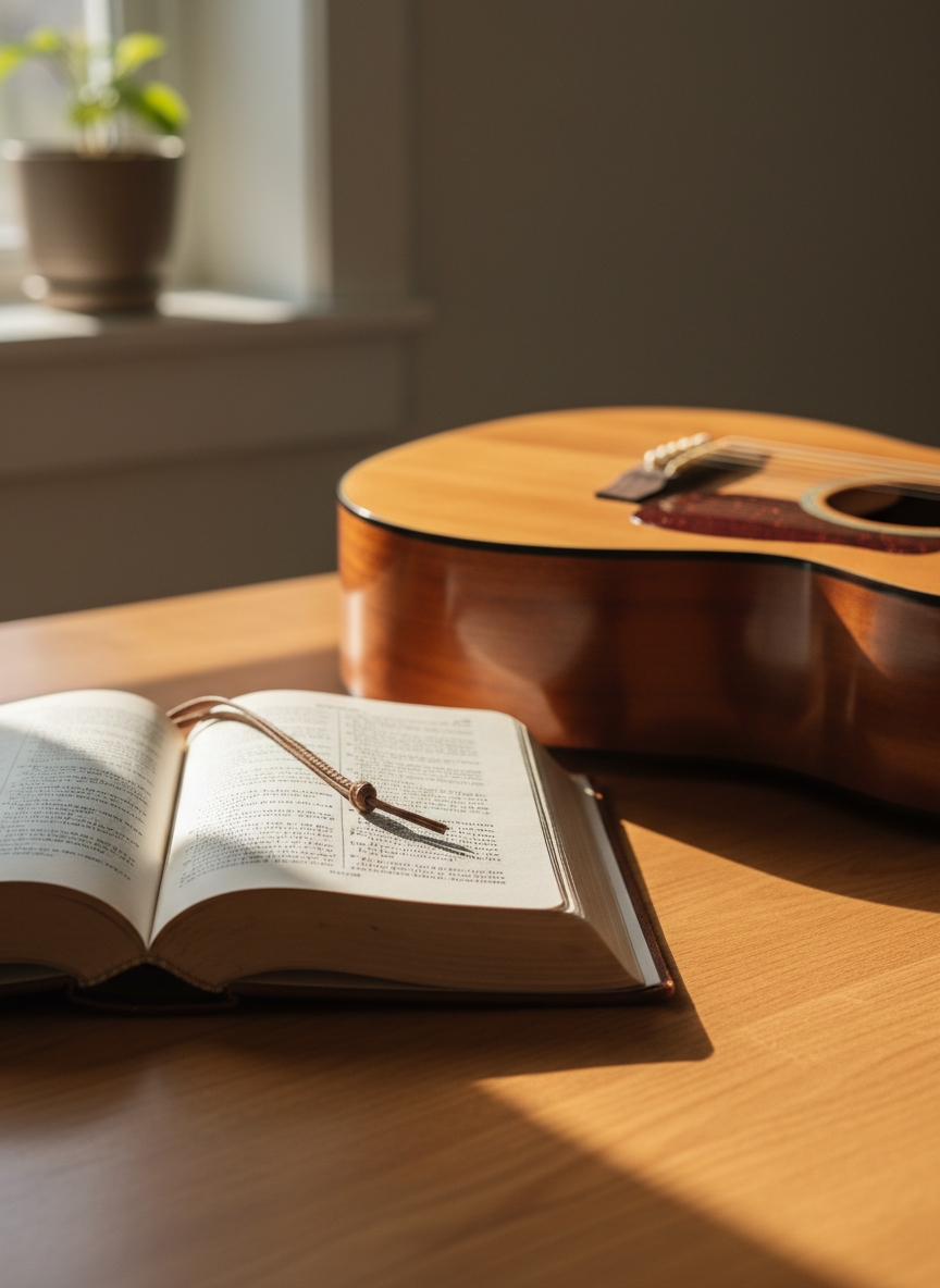 A well-worn, open hardcover book resting on a smooth wooden desk, its cream-colored pages slightly curled as if often read, with a simple leather bookmark tucked near the middle. Beside it lies an acoustic guitar body, just the lower half visible, its warm wood grain and polished surface catching the light. Soft morning sunlight filters in from an unseen window, creating gentle highlights on the guitar’s curves and delicate shadows across the book’s text. Photographic realism, shot at eye level with a shallow depth of field so the foreground is crisp and the background subtly blurred. The mood is calm, professional, and hopeful, evoking quiet time with God through words and music.