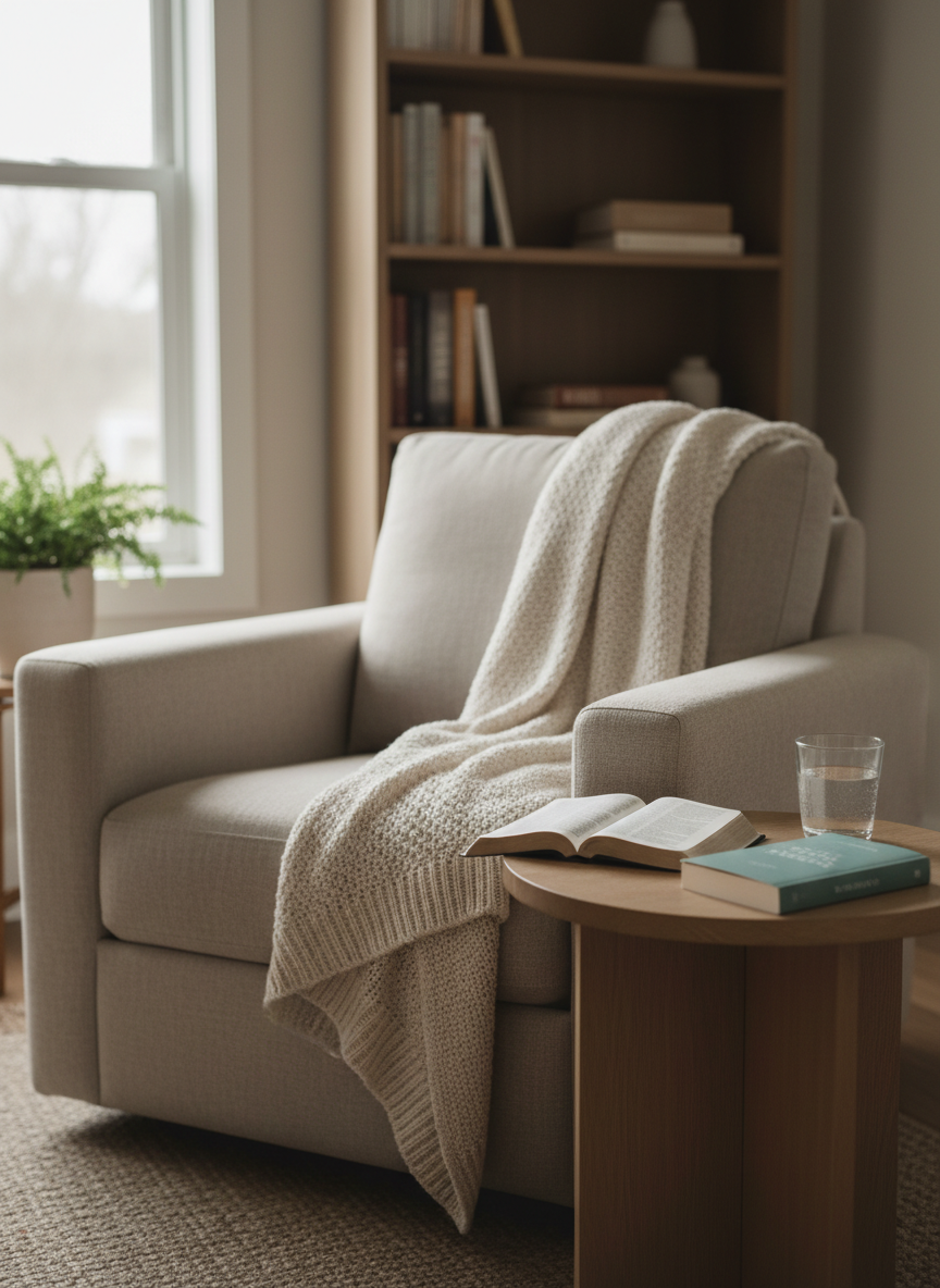 A peaceful reading nook featuring a plush, neutral-toned armchair with a folded knitted throw draped over the arm, facing a small round side table. On the table sits an open Bible, a slim inspirational book with a soft-touch cover, and a small, simple glass of water catching the light. Through a large, unseen window, soft overcast daylight fills the room, creating even, calming illumination with very gentle shadows. Photographic realism, framed using the rule of thirds from a slightly wide angle to include part of a bookshelf in the softly blurred background. The mood is inviting and reflective, suggesting a quiet space for healing, spiritual growth, and reading encouraging Christian living content.
